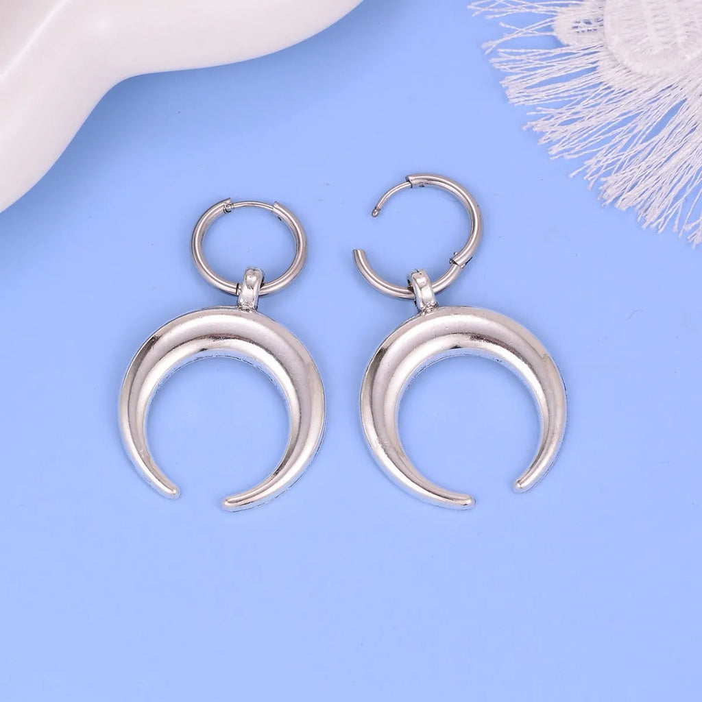 Alloy silver gothic moon geometric hoop earrings with clip-on back