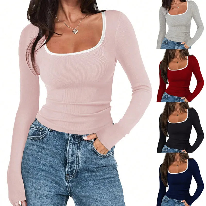 Women's slim fit cotton pullover top with square collar in navy blue.