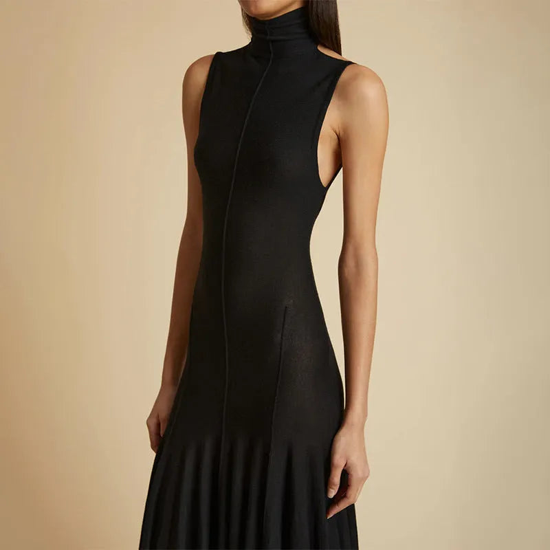 Grey women's slim-fit cotton dress with backless design and half turtleneck neckline