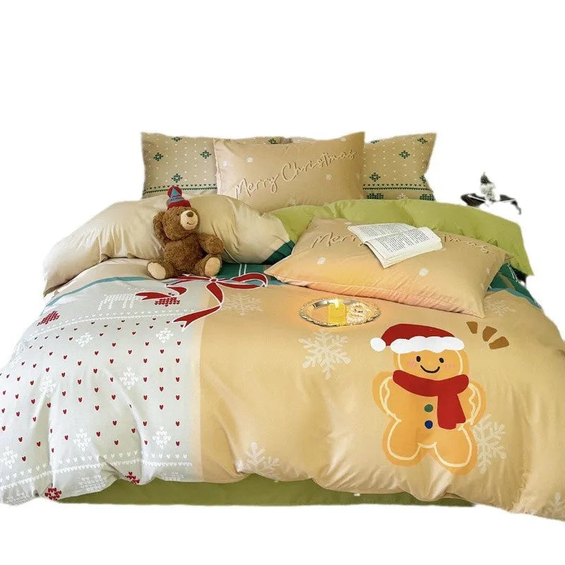 Christmas bedding four-piece set with soft washed cotton texture and colourful cartoon prints.