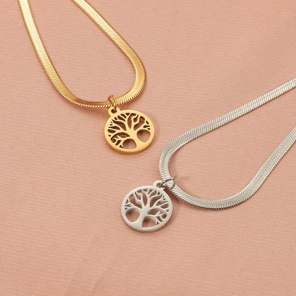 Stainless steel U-shaped lucky tree necklace with adjustable collar bone chain in gold or steel colour
