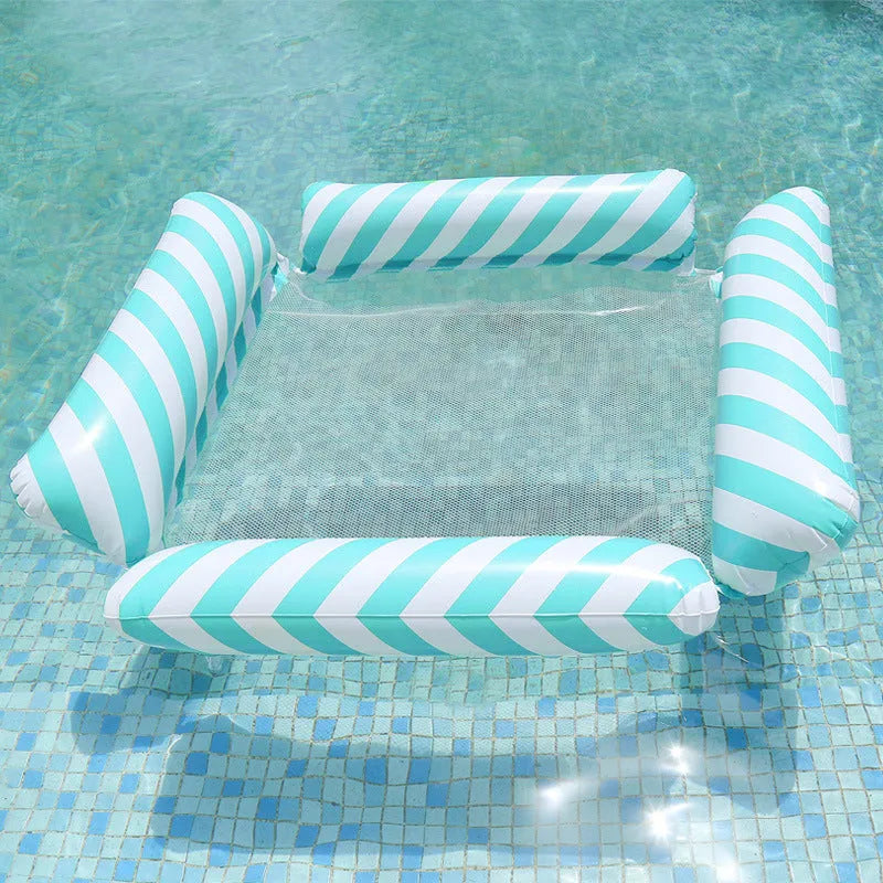 Inflatable four-tube striped deck chair floating on water showing light blue colour option
