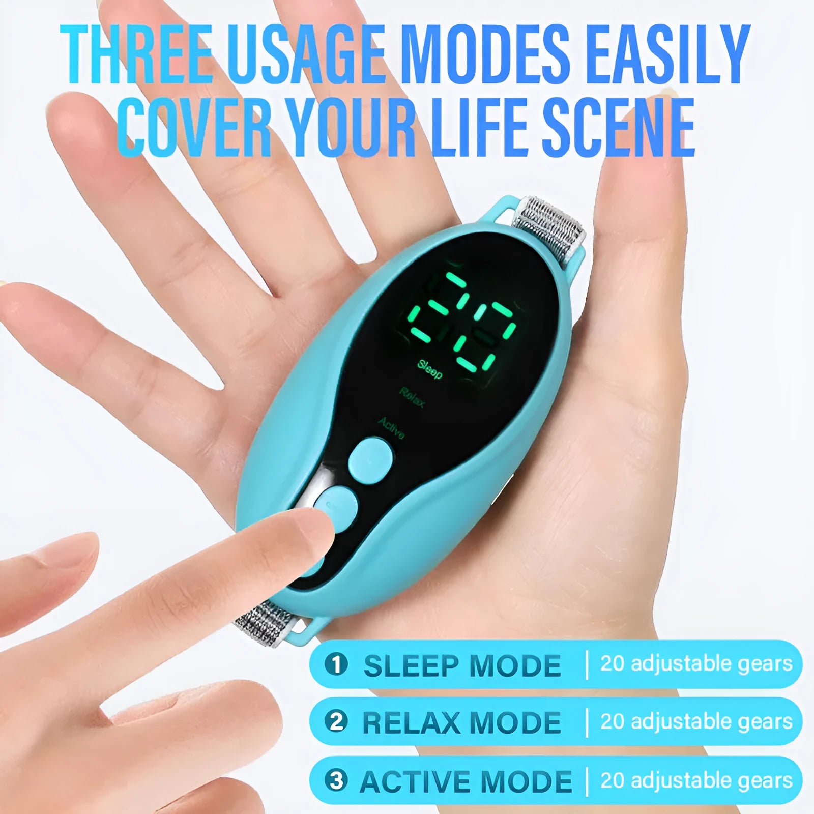 White and blue USB-powered sleep monitor with adjustable wind speed settings