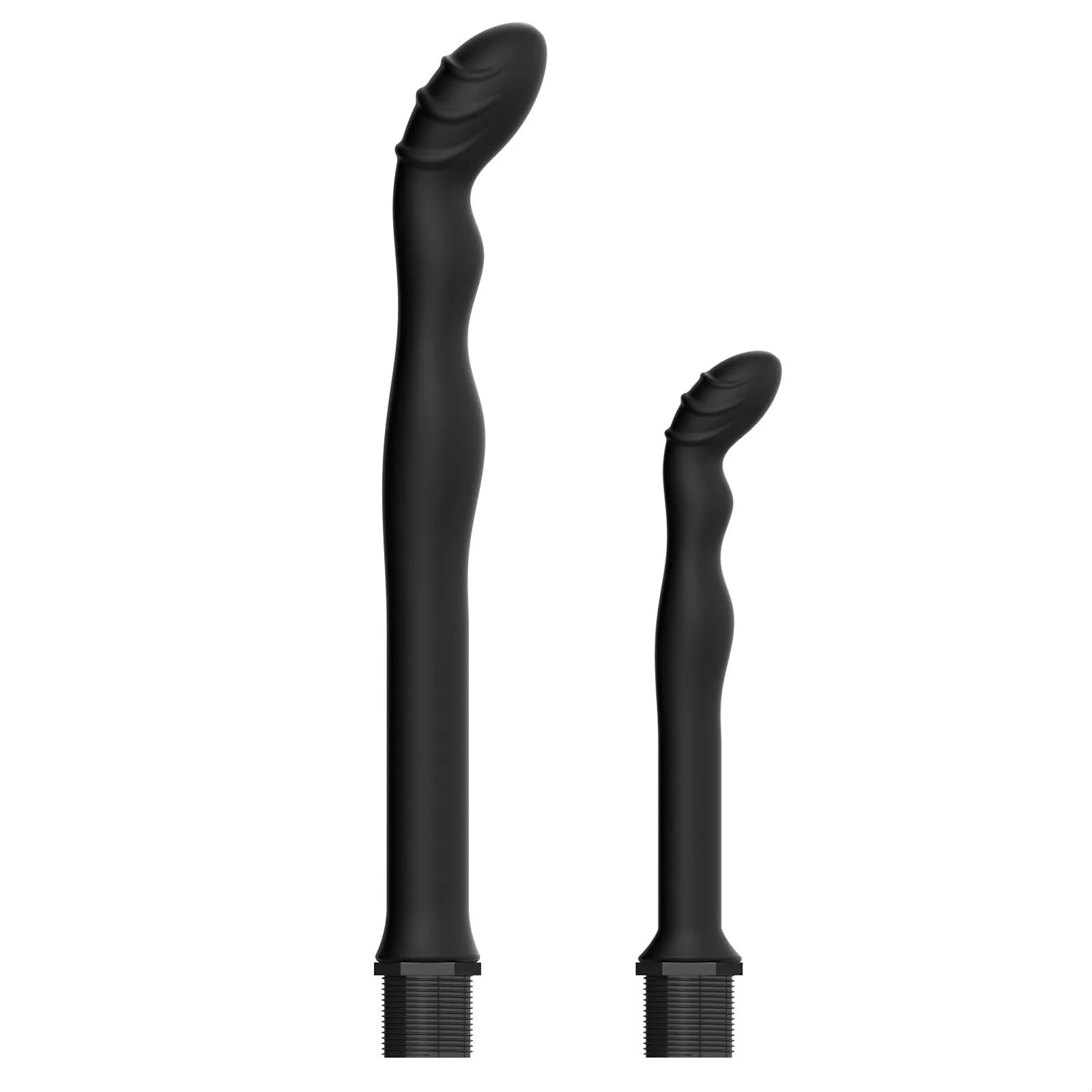 Black silicone sausage filler hosepipe flusher for cleaning, shown with enema.