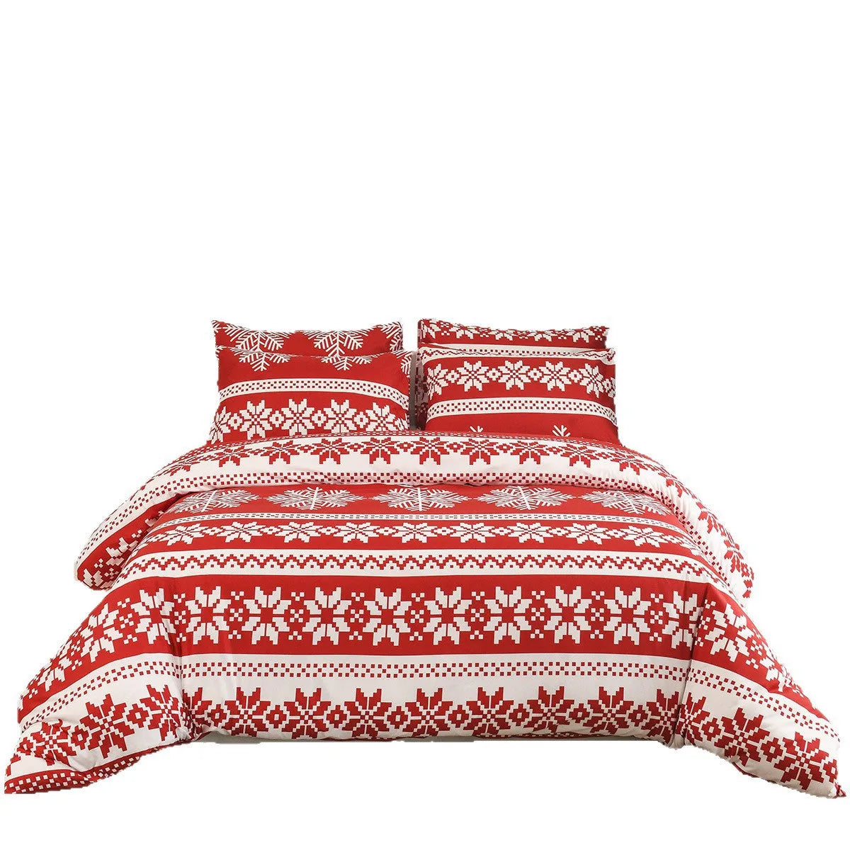 Red Christmas Love Song pattern bedding three-piece set with quilt cover and pillowcases on a bed.