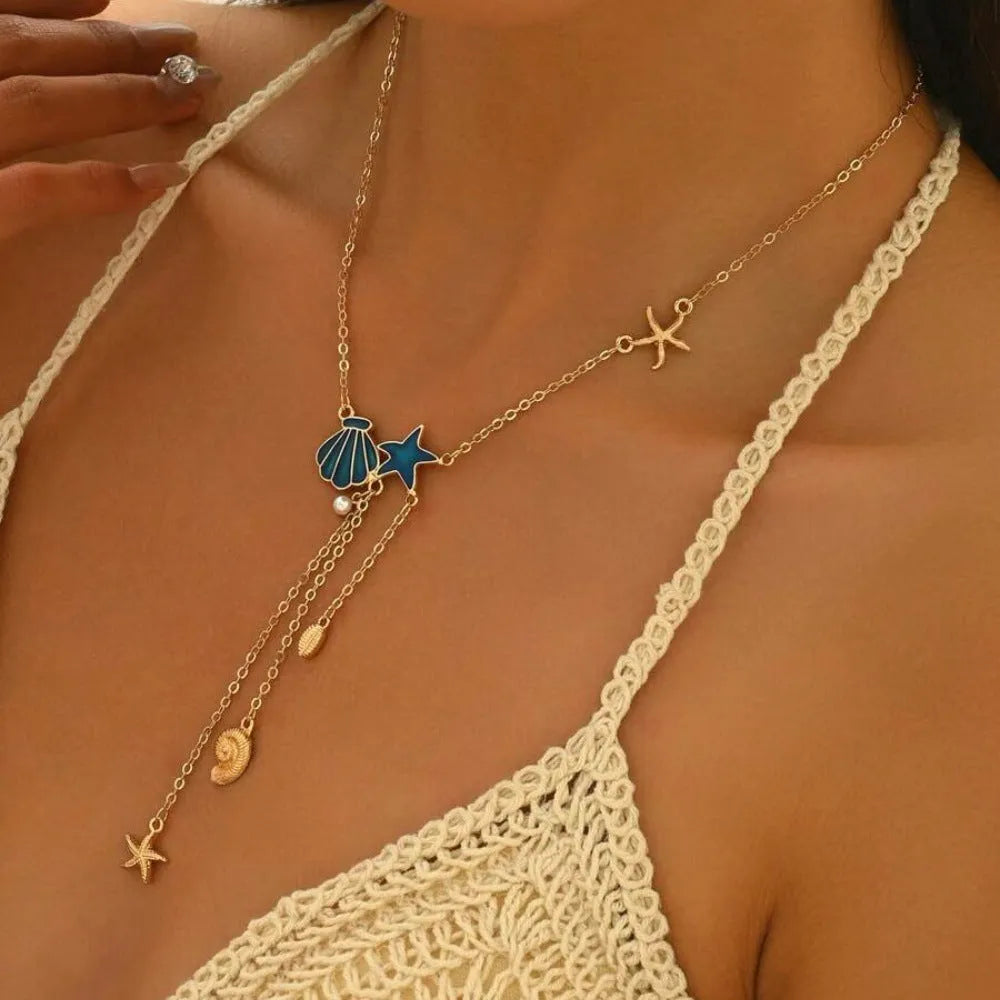 Simple starfish and shell pendant necklace for women, mixed gem inlay, alloy, ABS pearl, dripping oil, O-ring chain