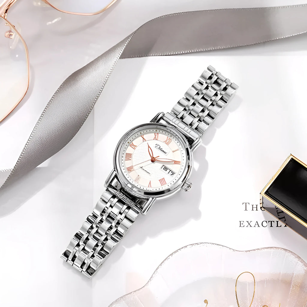 Women's automatic mechanical watch with 12mm case shown with steel belt and leather strap options.