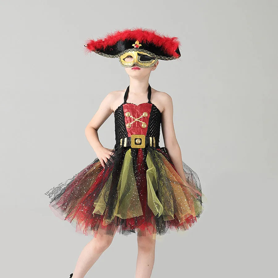 Girls pirate Halloween costume with sequin gauze skirt, mesh panels and lace details