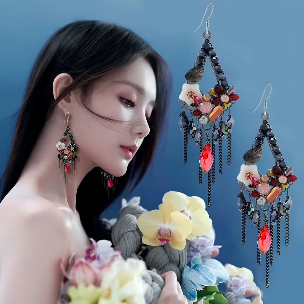 Long Bohemian ethnic style exaggerated earrings with hand-woven detailing and crystal accents