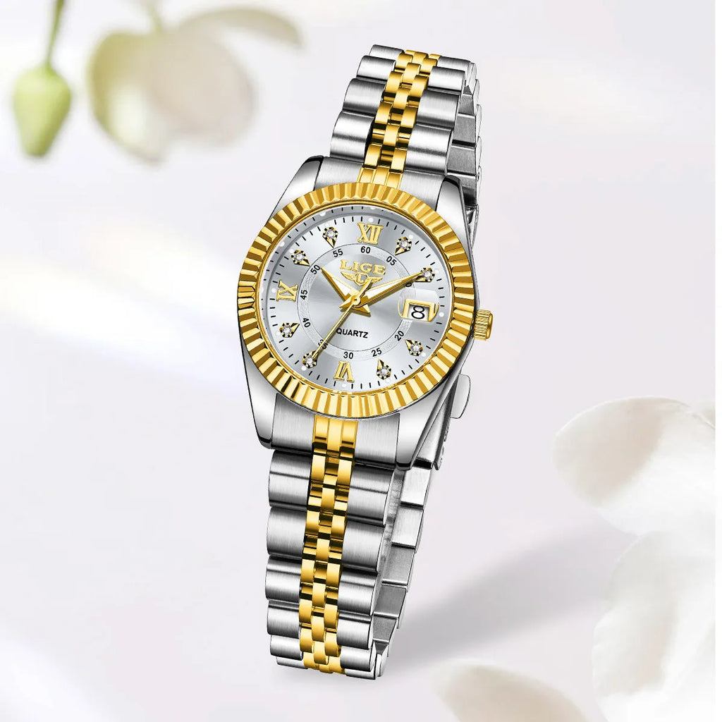 Waterproof quartz watch for women in gold and silver colour options with a 10mm thick case