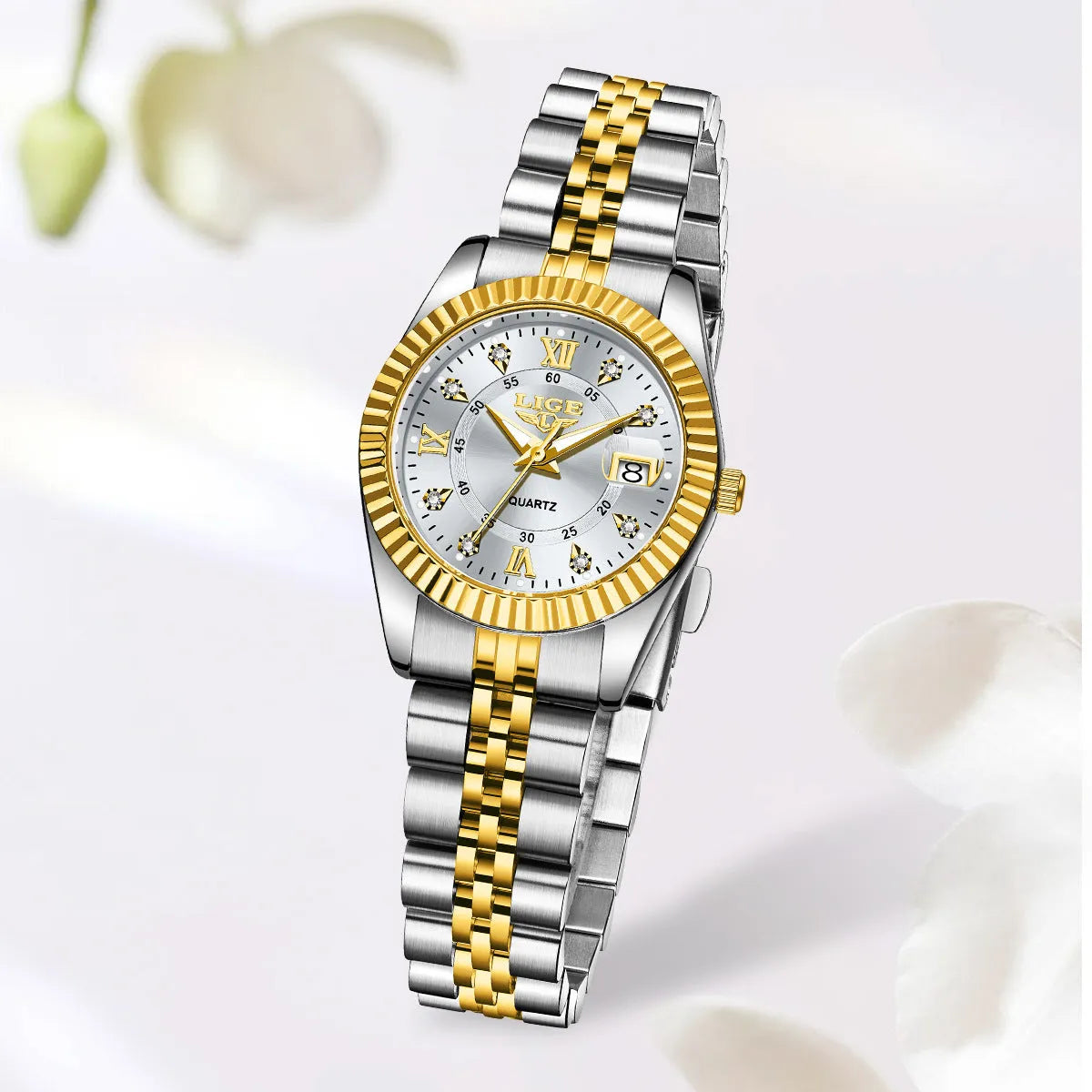 Waterproof quartz watch for women in gold and silver colour options with a 10mm thick case