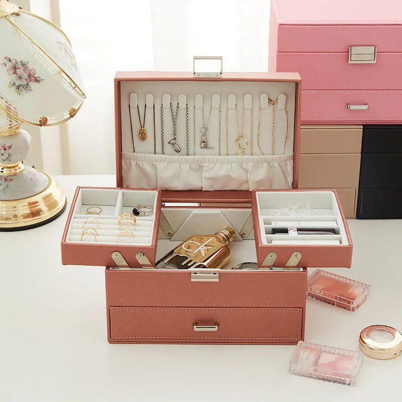 Hard PU leather jewelry storage box in beige colour showing dimensions