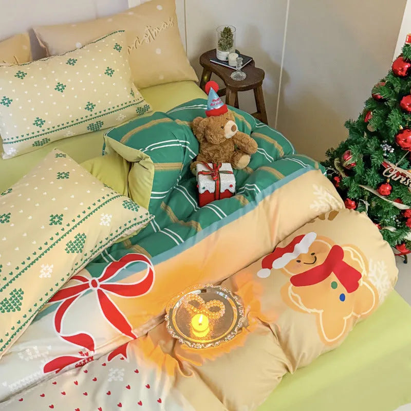 Christmas bedding four-piece set with soft washed cotton texture and colourful cartoon prints.