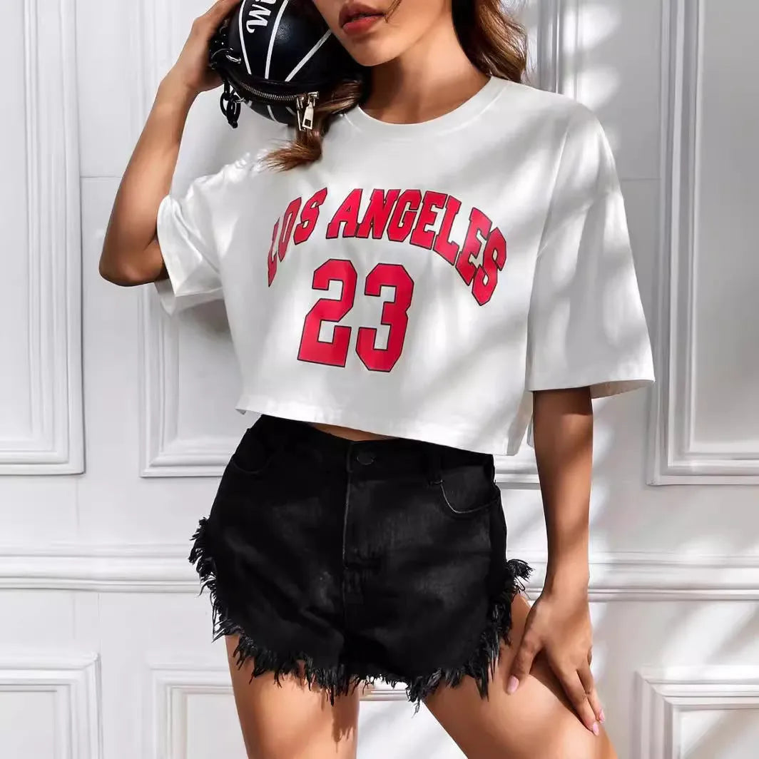 Loose fit cotton t-shirt with large printed English letters on the front in a casual style.