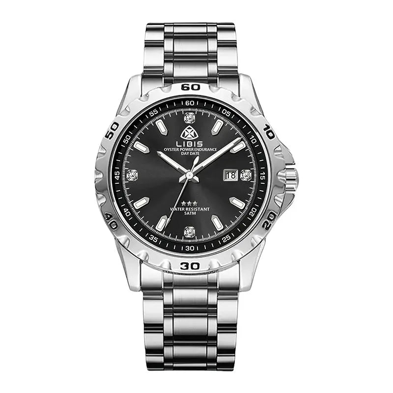 Silver men's business watch with stainless steel strap and luminous quartz movement