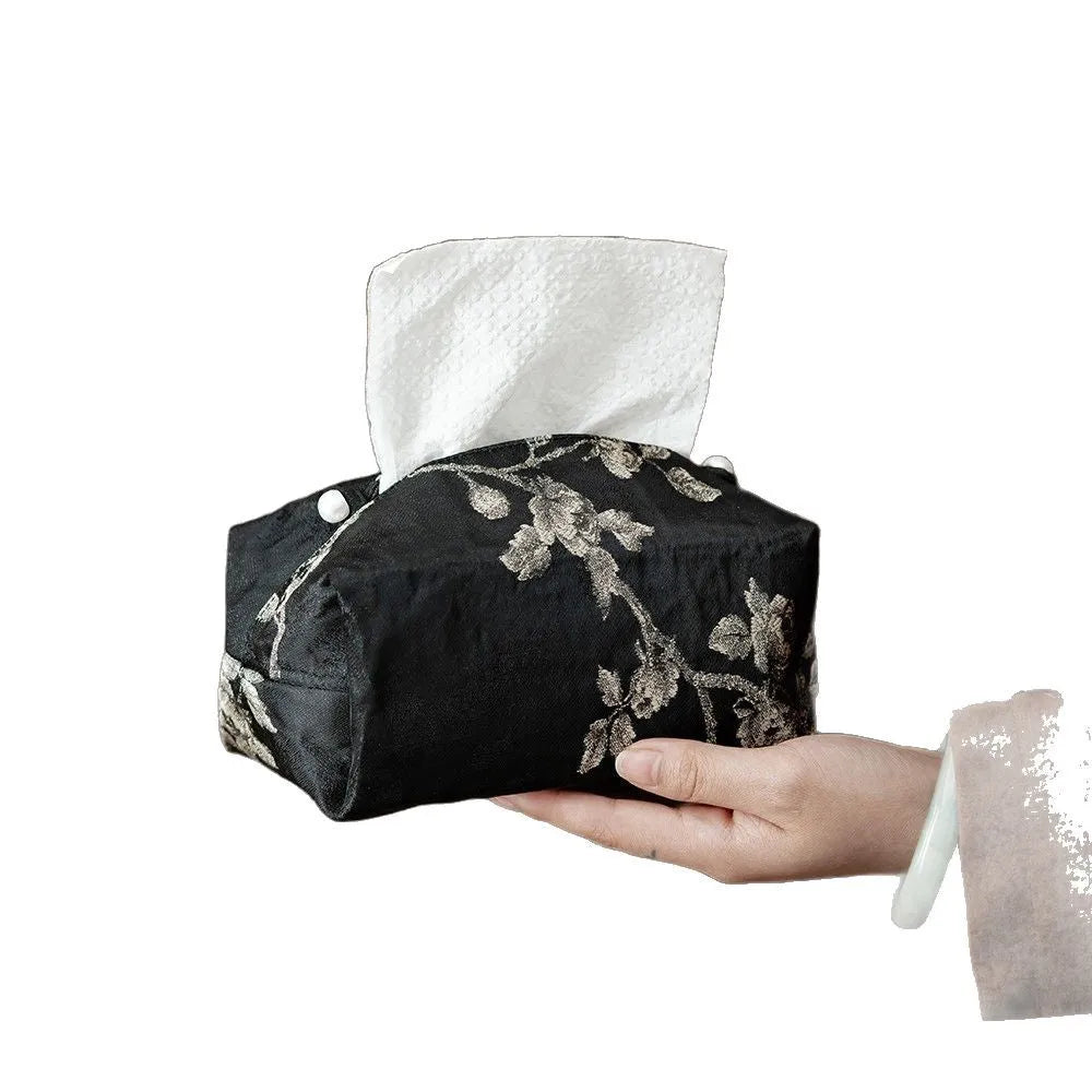 New Chinese brocade fabric tissue box cover in embroidery white plum colour with optional pearl buckle.