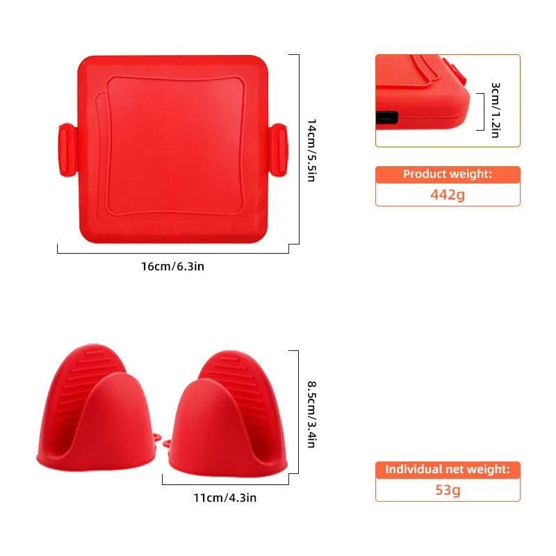 Red silicone baking tray with integrated handles and matching oven gloves
