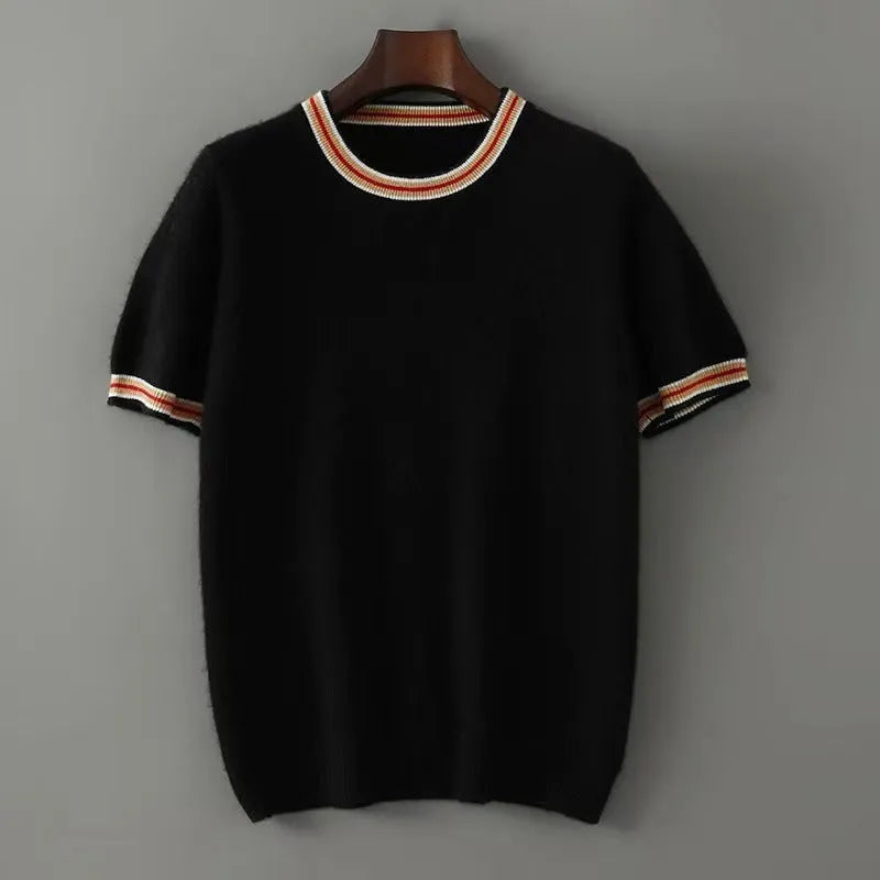 Men's grey pure wool short sleeve round neck pullover sweater on a hanger.
