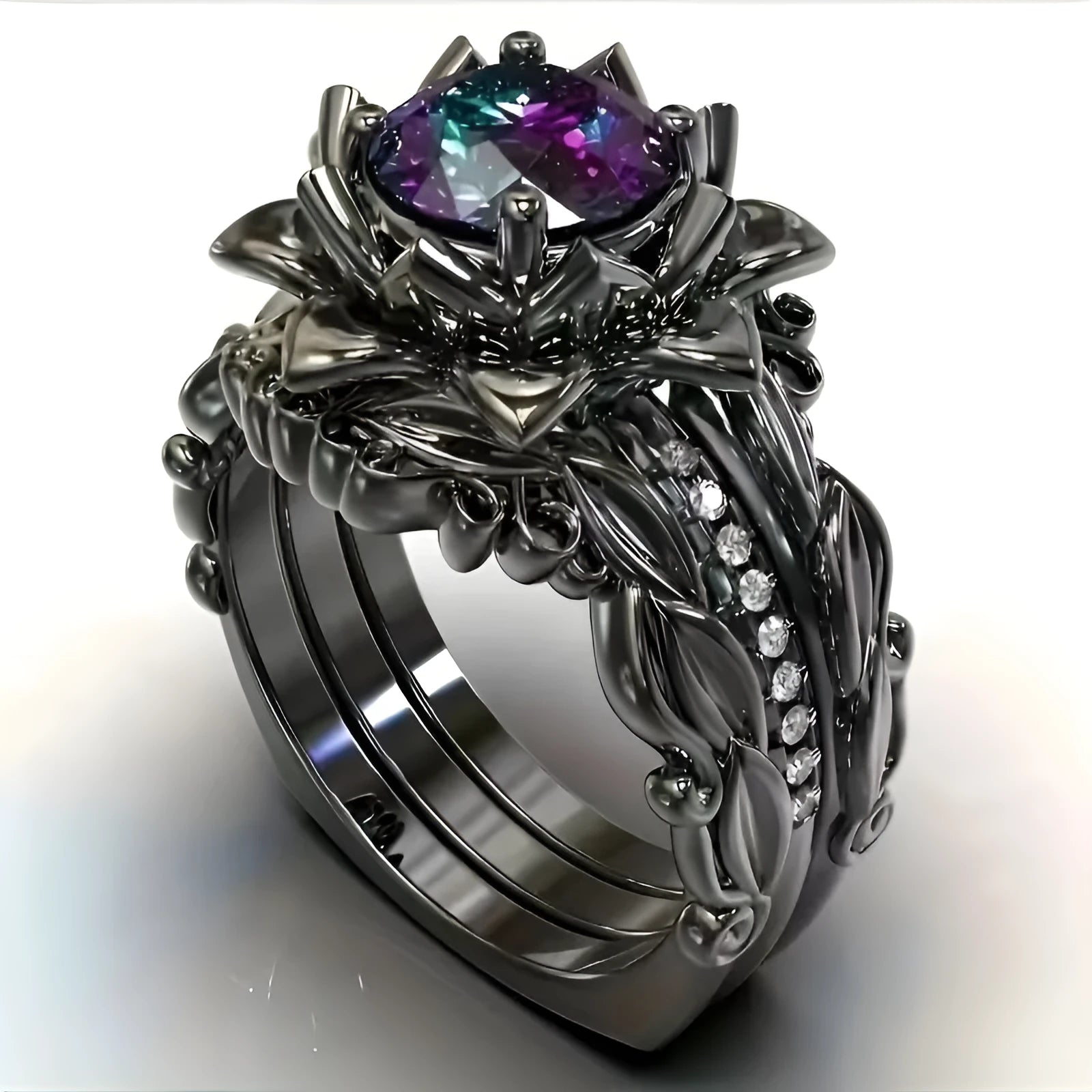 Geometric flower design women's ring with rose inlaid zircon in choice of rose gold, black pink diamond, or multi-colour rhinestone finish.