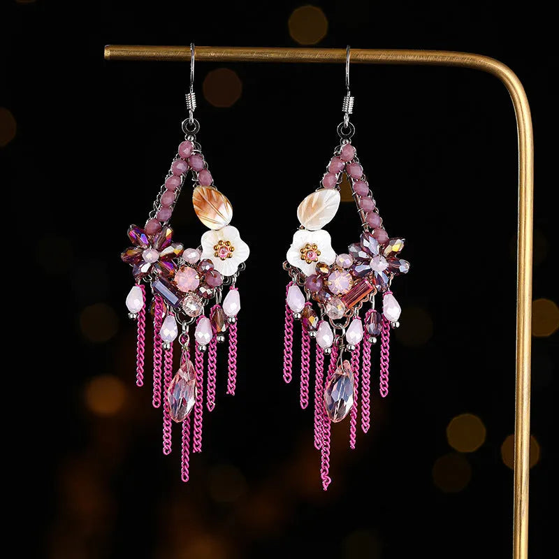 Long Bohemian ethnic style exaggerated earrings with hand-woven detailing and crystal accents