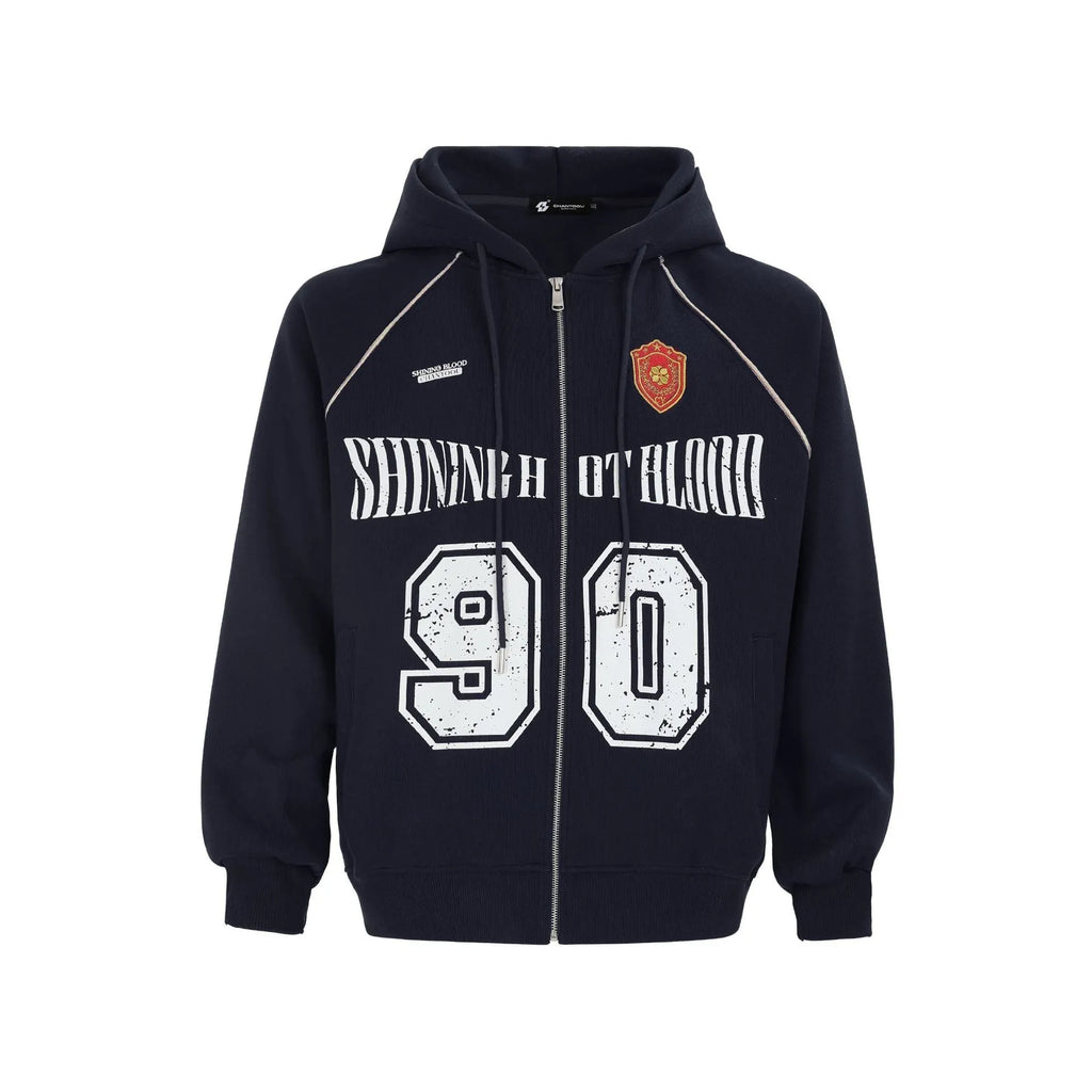 Women's loose American retro hooded cardigan jacket with letter embroidery in cotton blend fabric
