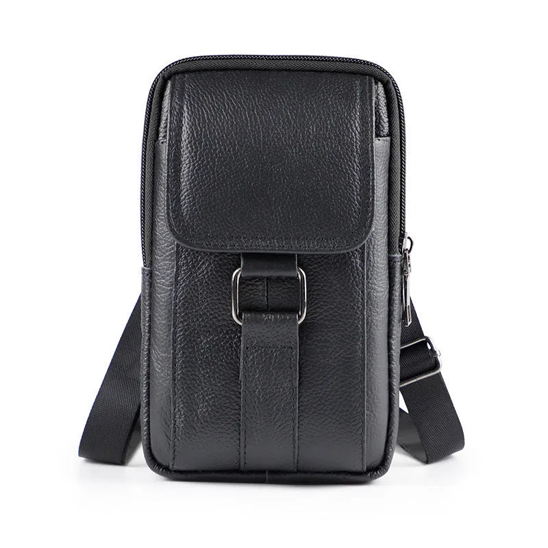 Men's black genuine leather crossbody waist bag with a lock, shown in vertical square shape.