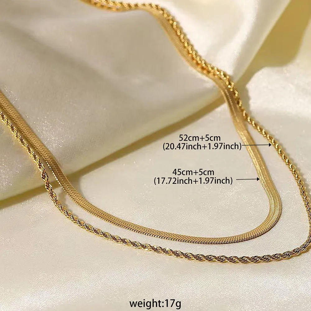 Women's retro geometric double-layer twist necklace on an adjustable snake bones chain.