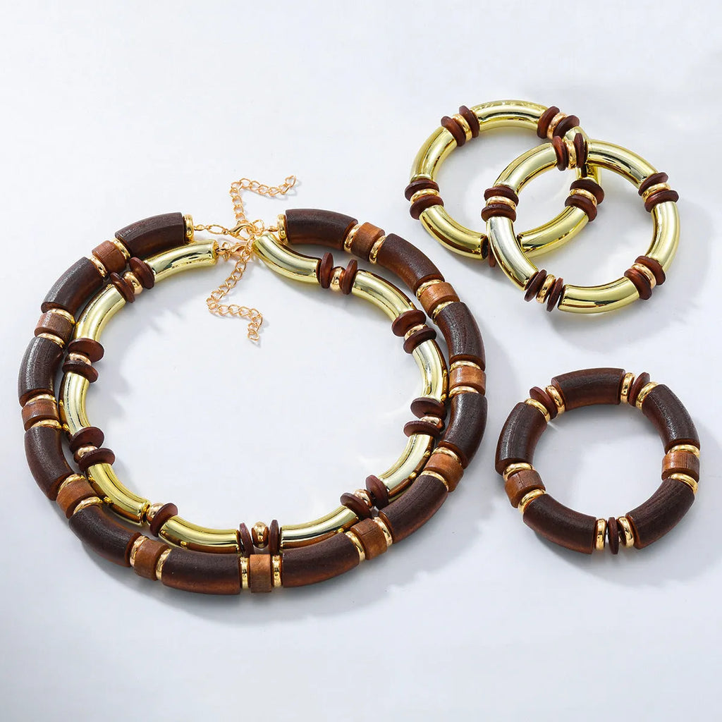Ladies alloy necklace and bracelet set with a multi-layer wooden pendant.