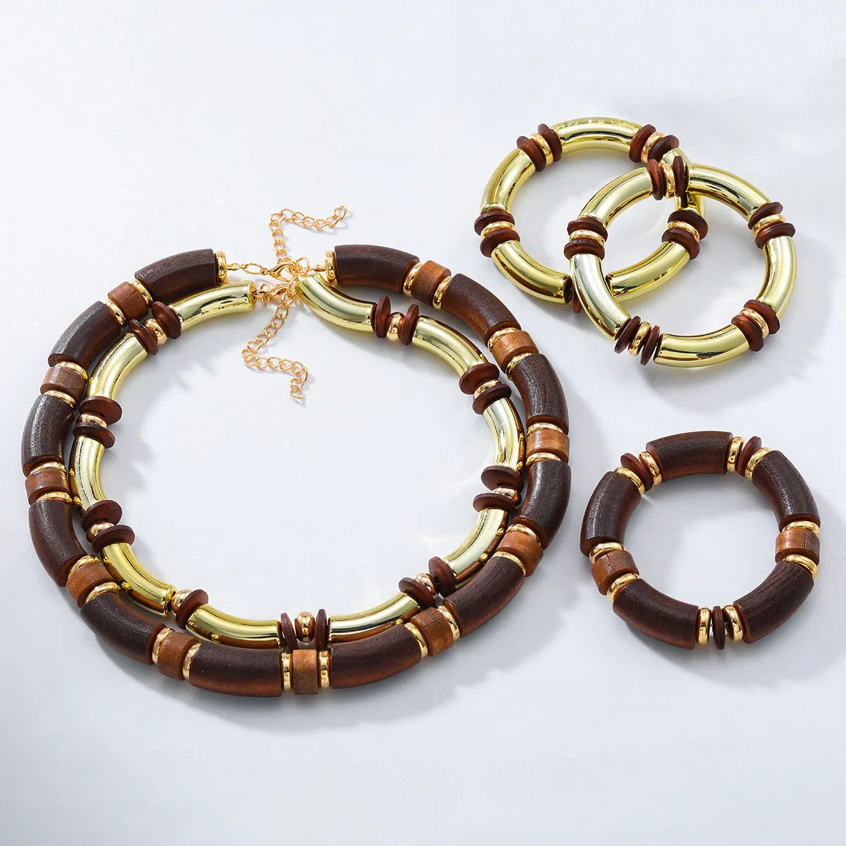 Ladies alloy necklace and bracelet set with a multi-layer wooden pendant.