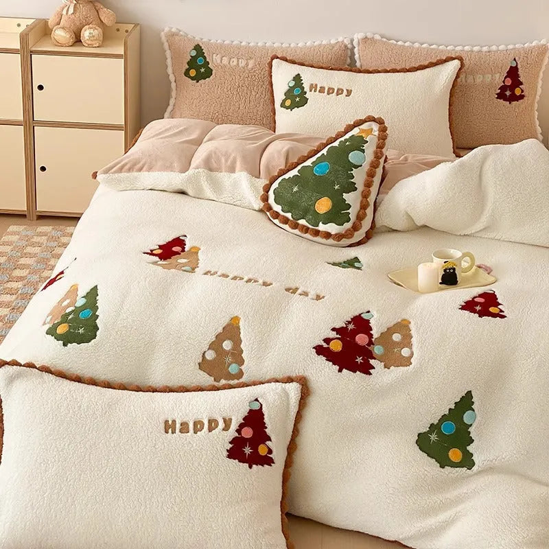 Bright yellow winter Christmas tree cartoon animation pattern on a fleece-lined four-piece bedding set.
