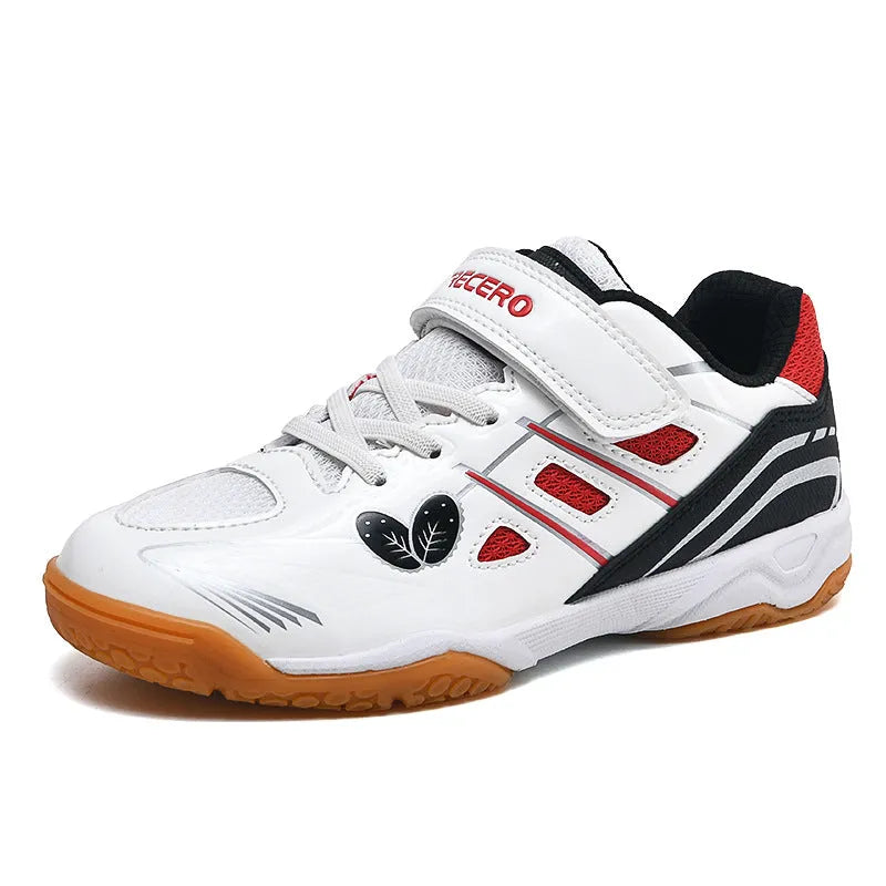 Lightweight white and blue badminton shoes with ribbed sole on an indoor court.
