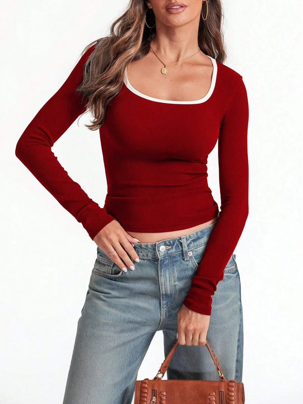 Women's slim fit cotton pullover top with square collar in navy blue.