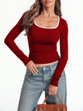 Women's slim fit cotton pullover top with square collar in navy blue.