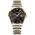 Men's stainless steel automatic watch with a simple dial and mineral glass crystal.