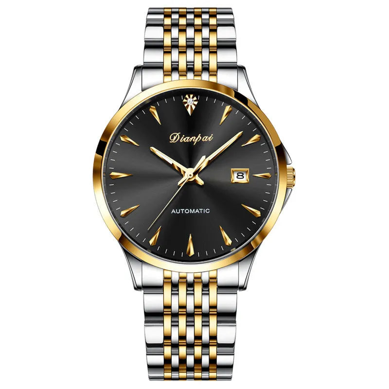 Men's stainless steel automatic watch with a simple dial and mineral glass crystal.