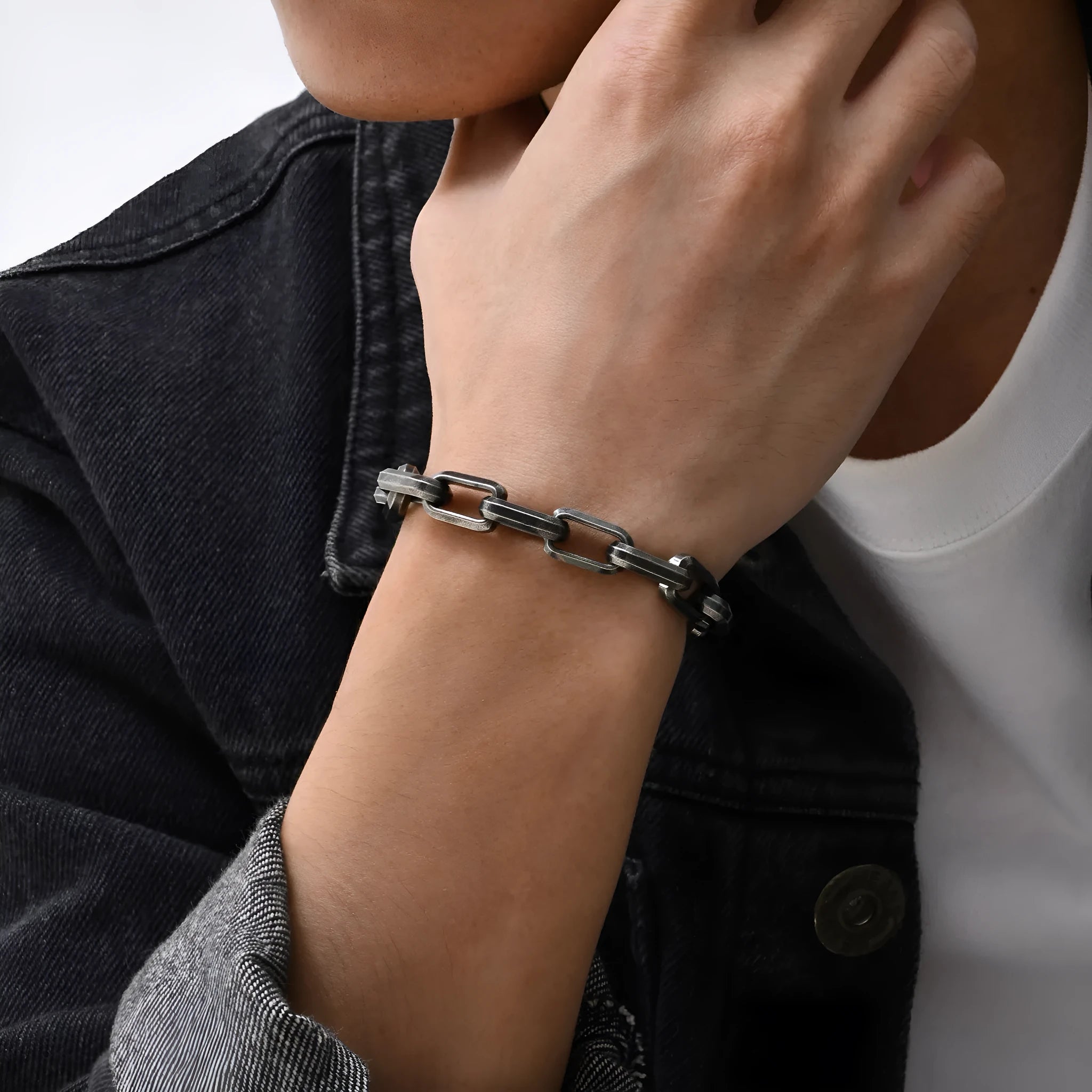 Men's square chain titanium stainless steel bracelet in black, gold, steel, and retro colours.