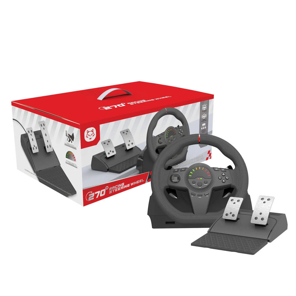 Black multi-platform gaming steering wheel with two pedals and paddle shifters on manual bracket