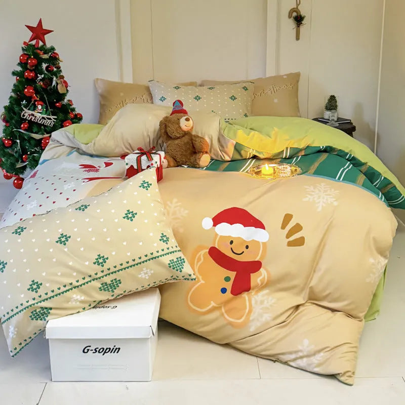 Christmas bedding four-piece set with soft washed cotton texture and colourful cartoon prints.