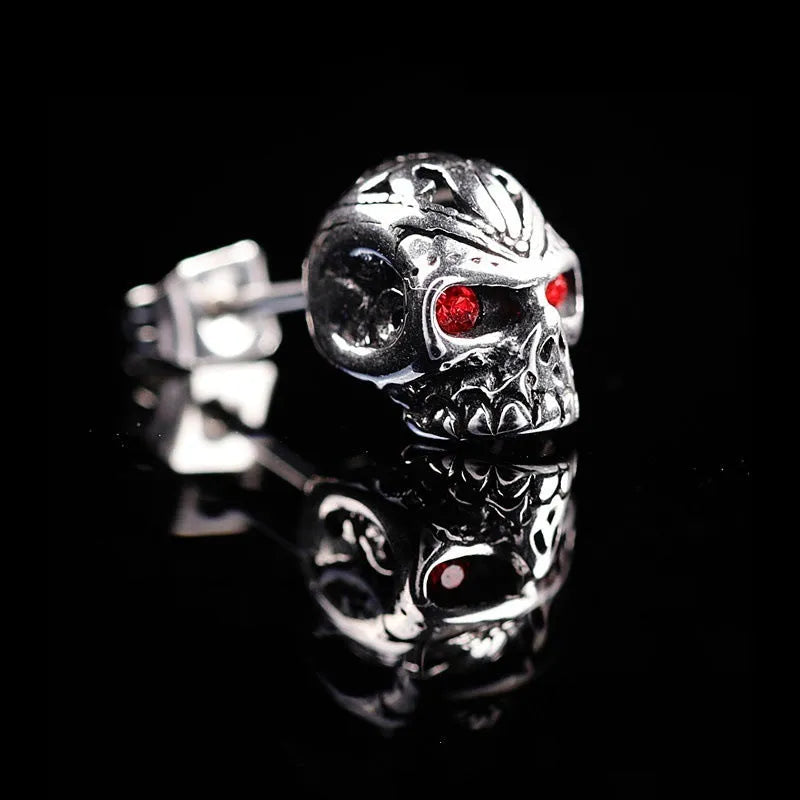 Retro skull stud earrings with red eye ghost head design and alloy gemstone inlay