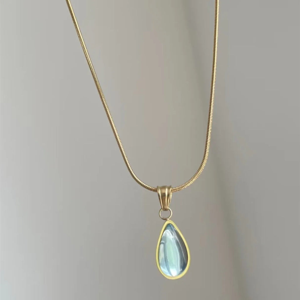 Retro blue and green water drop necklace with mixed gem inlay on titanium steel snake chain