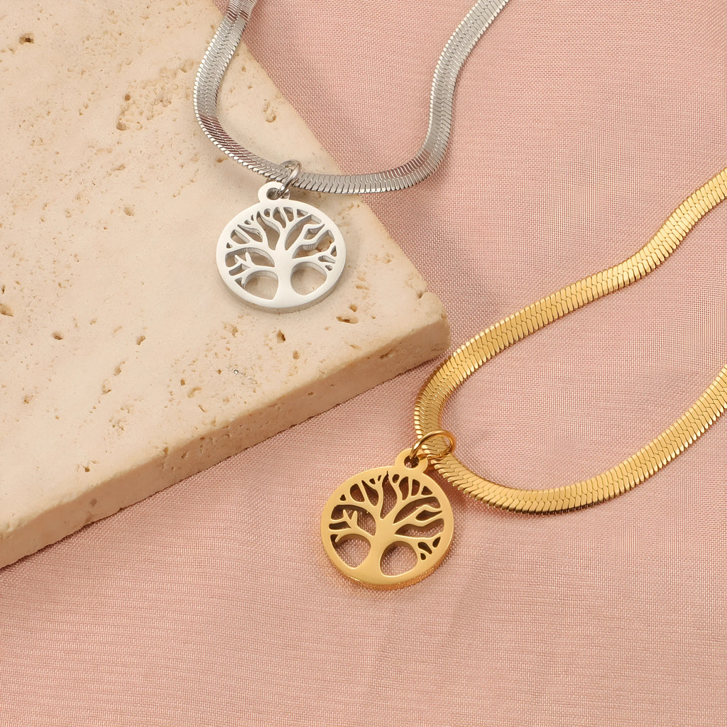 Stainless steel U-shaped lucky tree necklace with adjustable collar bone chain in gold or steel colour