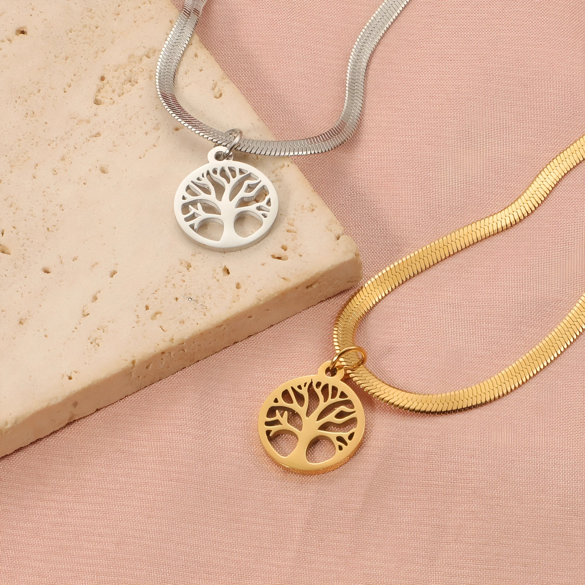 Stainless steel U-shaped lucky tree necklace with adjustable collar bone chain in gold or steel colour