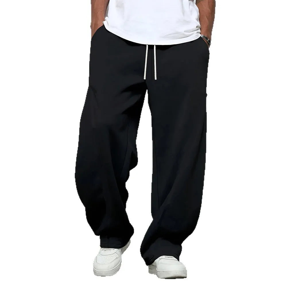 Men's casual polyester trousers with elastic waistband in straight leg design