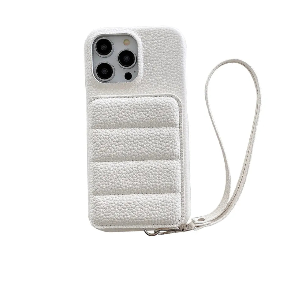 Drop-resistant leather down card holder phone case for iPhone in black with lanyard and bracket