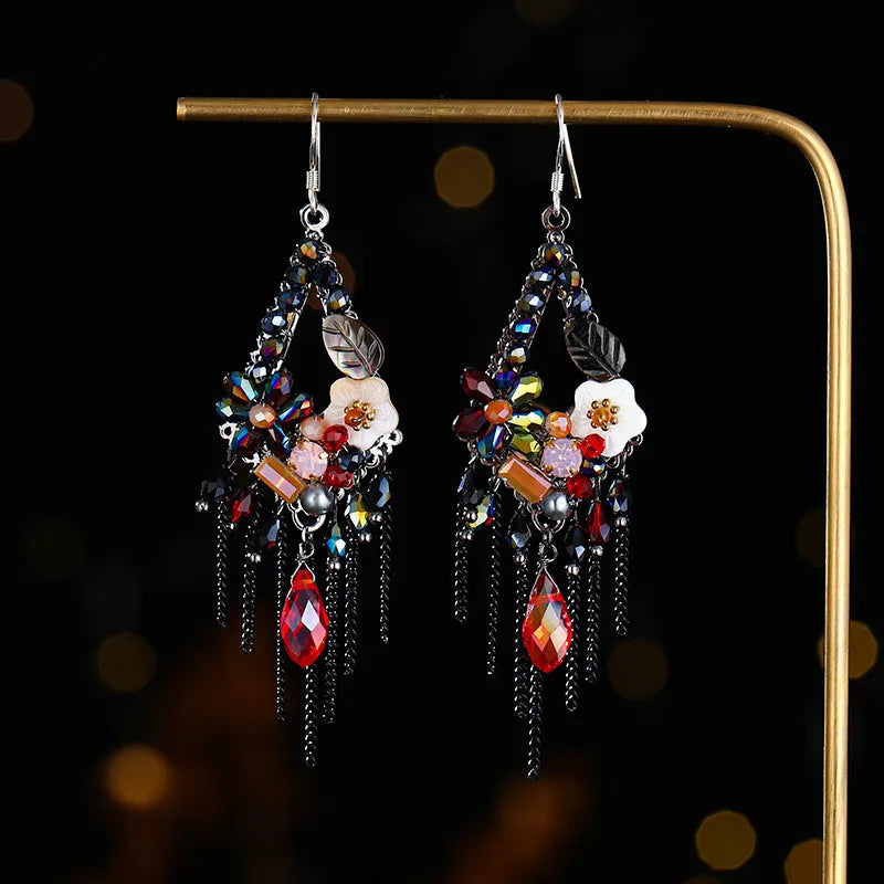 Long Bohemian ethnic style exaggerated earrings with hand-woven detailing and crystal accents