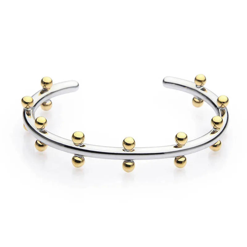 Stainless steel C-shaped ring with textured rivet bean beads and alloy bracelet in gold finish