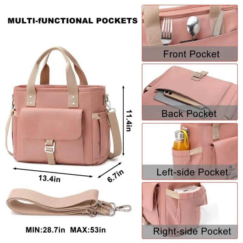 Portable cube-shaped picnic hiking bag with removable shoulder strap and side pocket in Oxford cloth