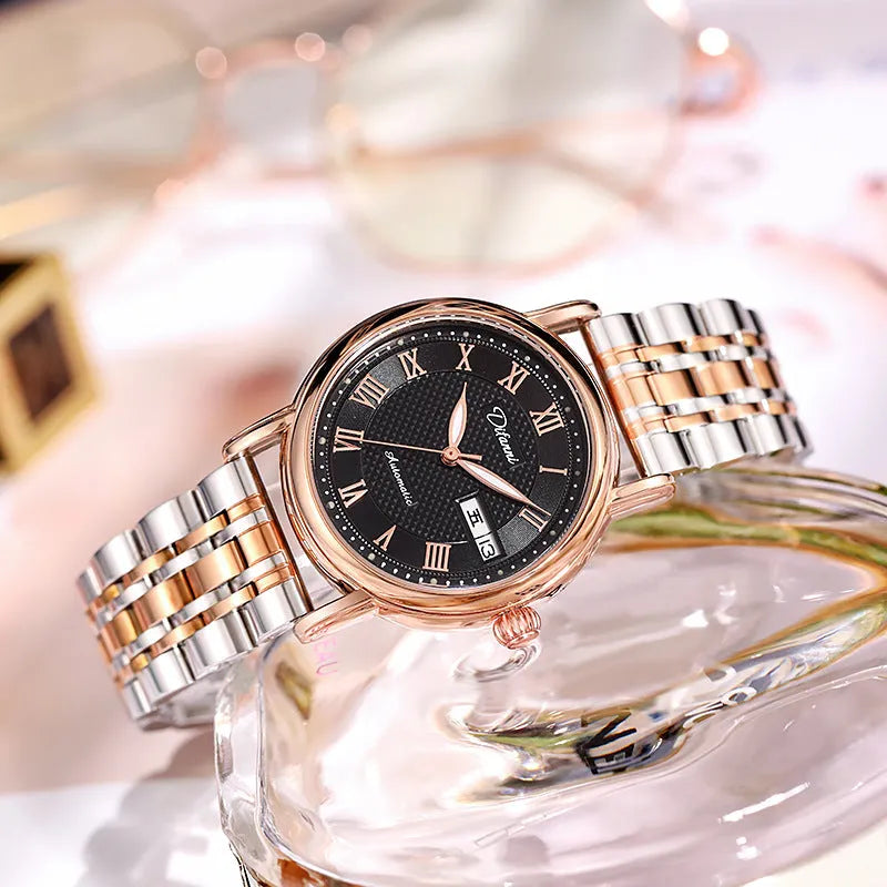 Women's automatic mechanical watch with 12mm case shown with steel belt and leather strap options.