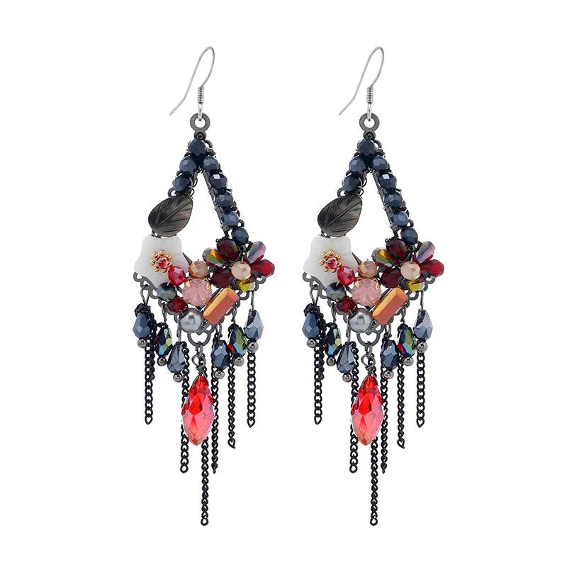 Long Bohemian ethnic style exaggerated earrings with hand-woven detailing and crystal accents