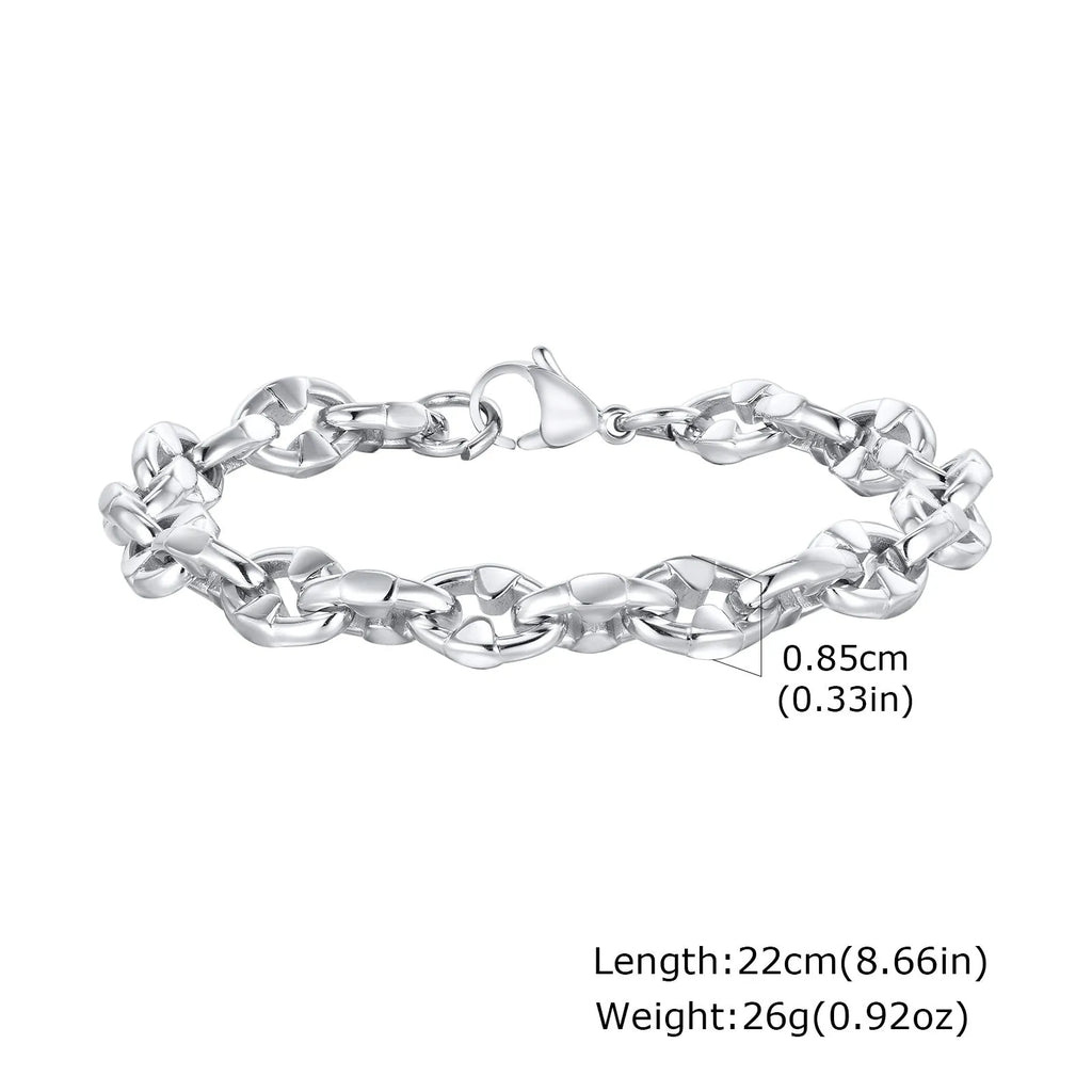 A thick stainless steel chain bracelet with geometric links, shown in a steel colour.
